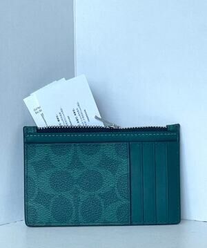 Coach CV764 Sea Green Signature Canvas Zip Card Case